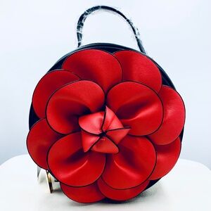 3D round textured red rose black gold-tone zipper casual shoulder crossbody bag